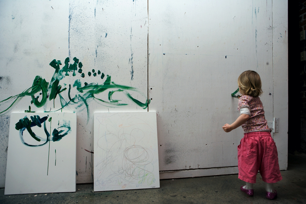 Cyril’s daughter, Croí Sequoia at age 2 ½, at work in her grandfather’s studio